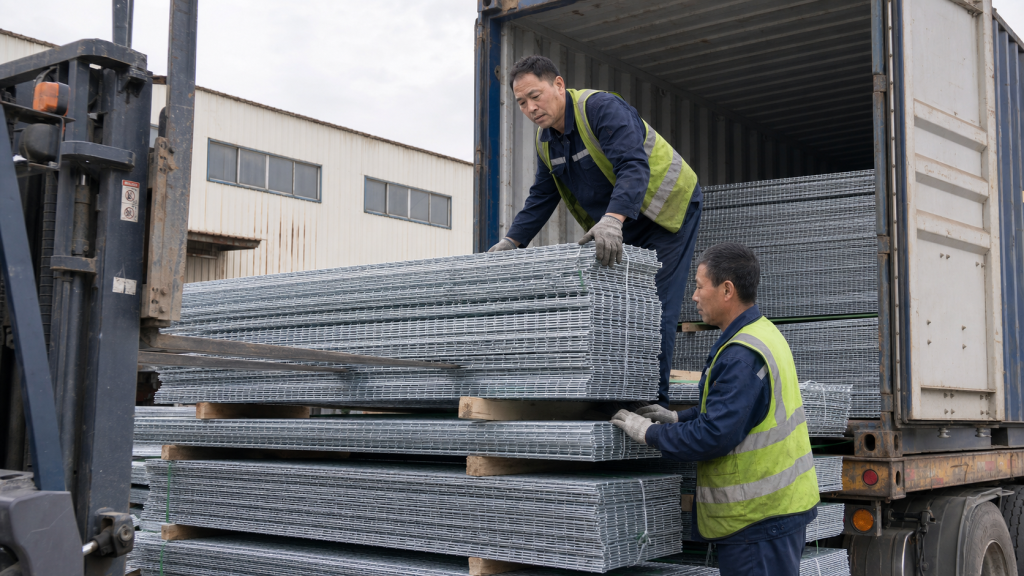 Fence panels and fittings loaded into an export container
