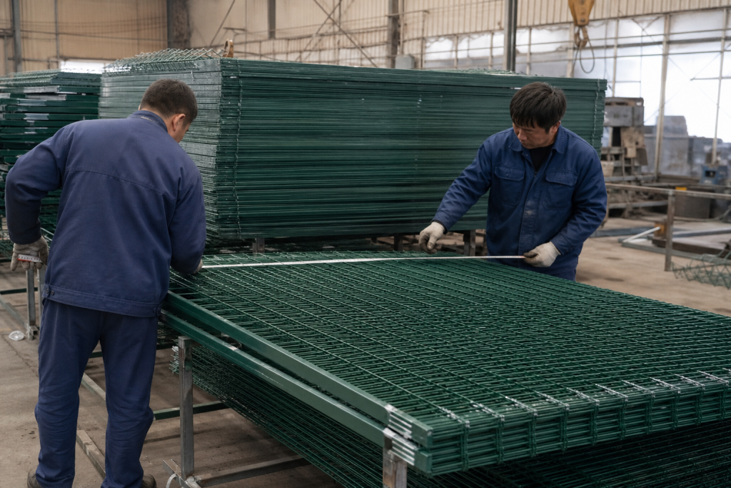 Factory team measuring welded fence panels during final inspection