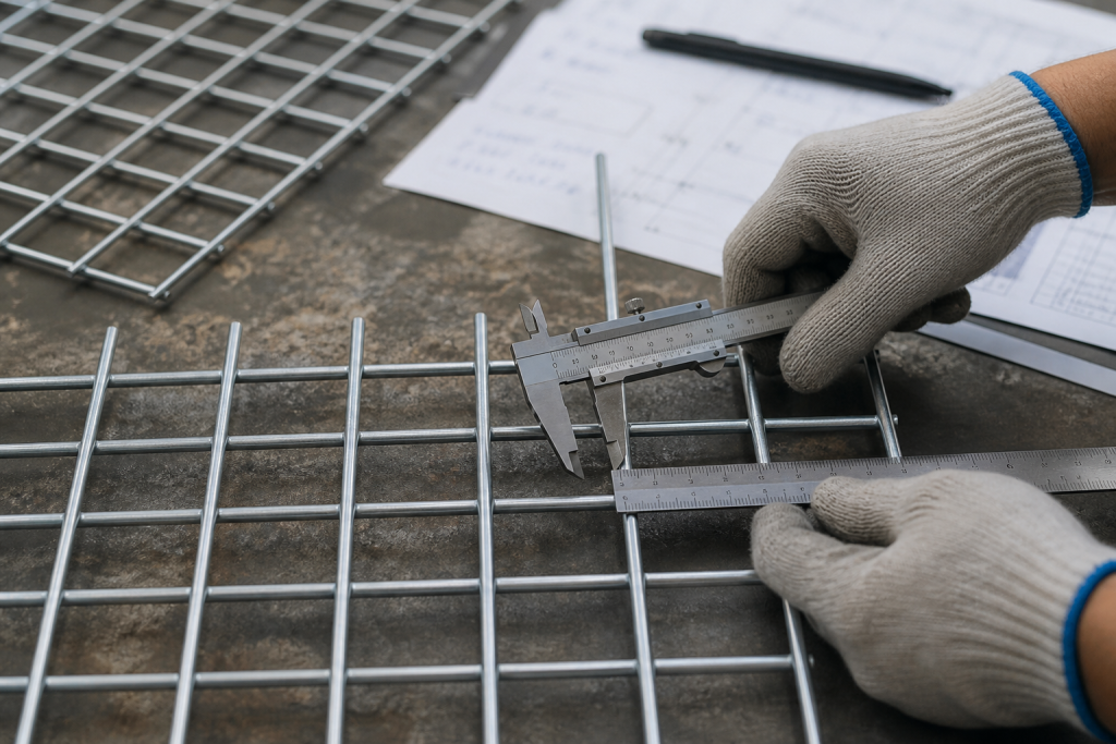 Quality inspection of welded wire mesh with caliper and steel rule